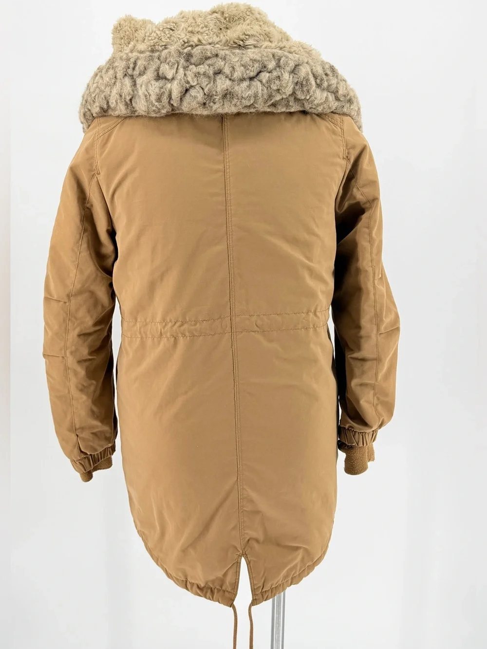 Tan Parka Coat Faux Fur-Lined Hood Winter interior quilted cozy bulky mid-length